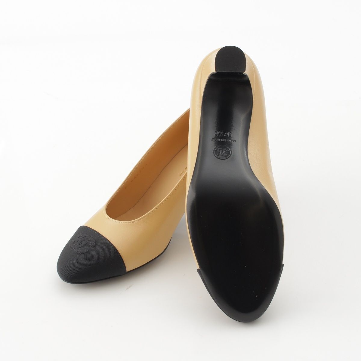 Chanel Leather Fabric CC Logo Heels Pumps Shoes Beige Black — view 5