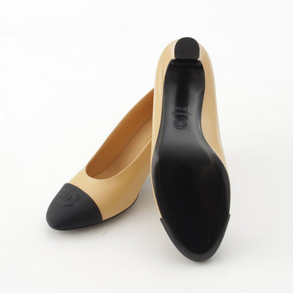 Chanel Leather Fabric CC Logo Heels Pumps Shoes Beige Black — view 5