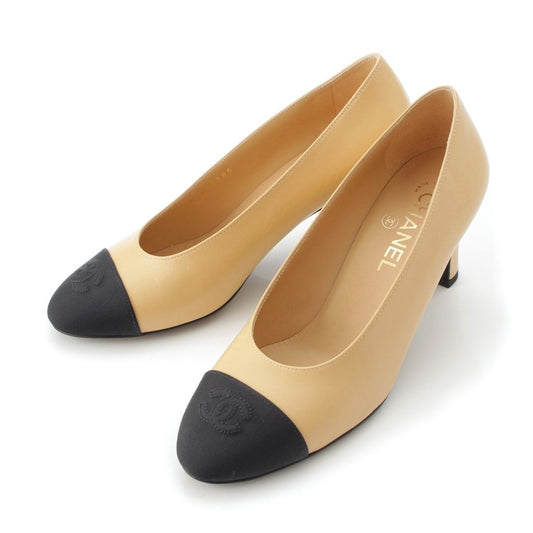 Chanel Leather Fabric CC Logo Heels Pumps Shoes Beige Black