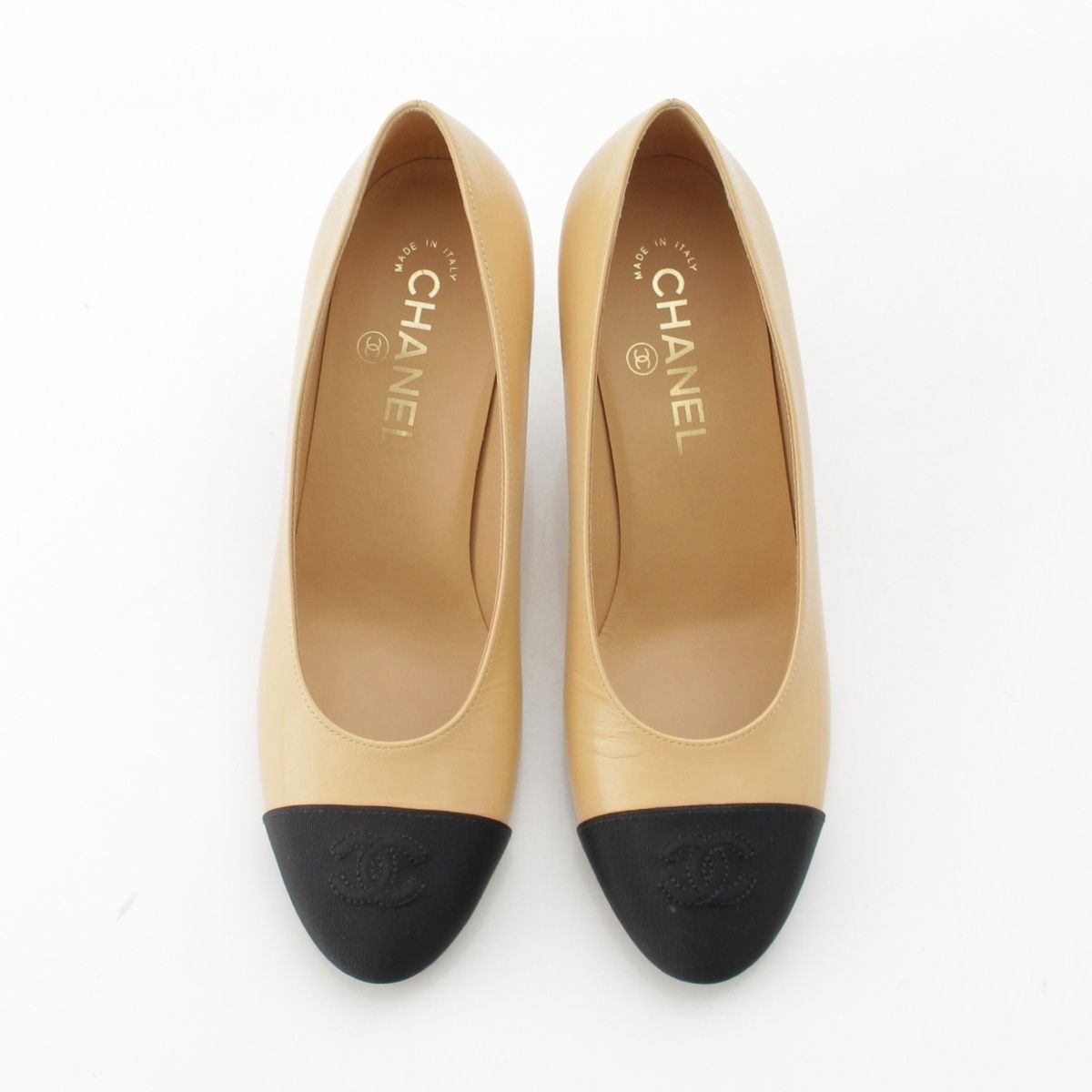 Chanel Leather Fabric CC Logo Heels Pumps Shoes Beige Black — view 2