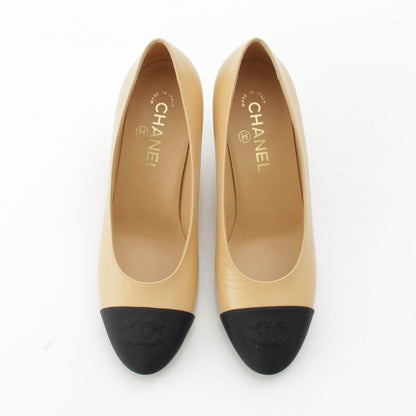 Chanel Leather Fabric CC Logo Heels Pumps Shoes Beige Black — view 2