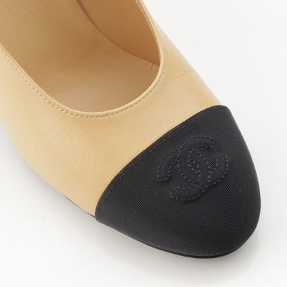 Chanel Leather Fabric CC Logo Heels Pumps Shoes Beige Black — view 6