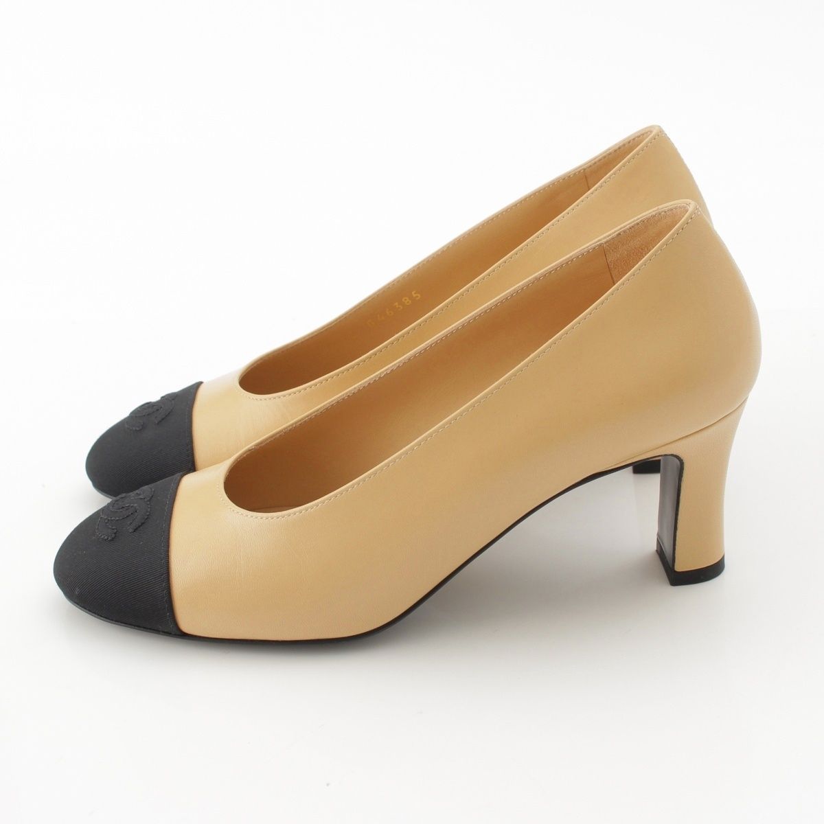 Chanel Leather Fabric CC Logo Heels Pumps Shoes Beige Black — view 3