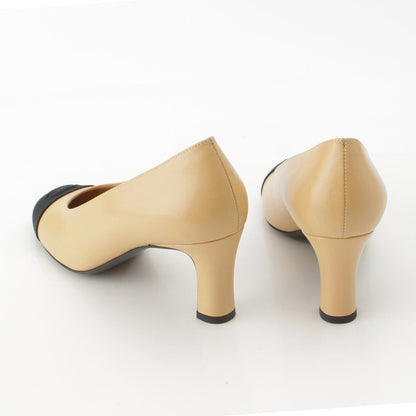 Chanel Leather Fabric CC Logo Heels Pumps Shoes Beige Black — view 4