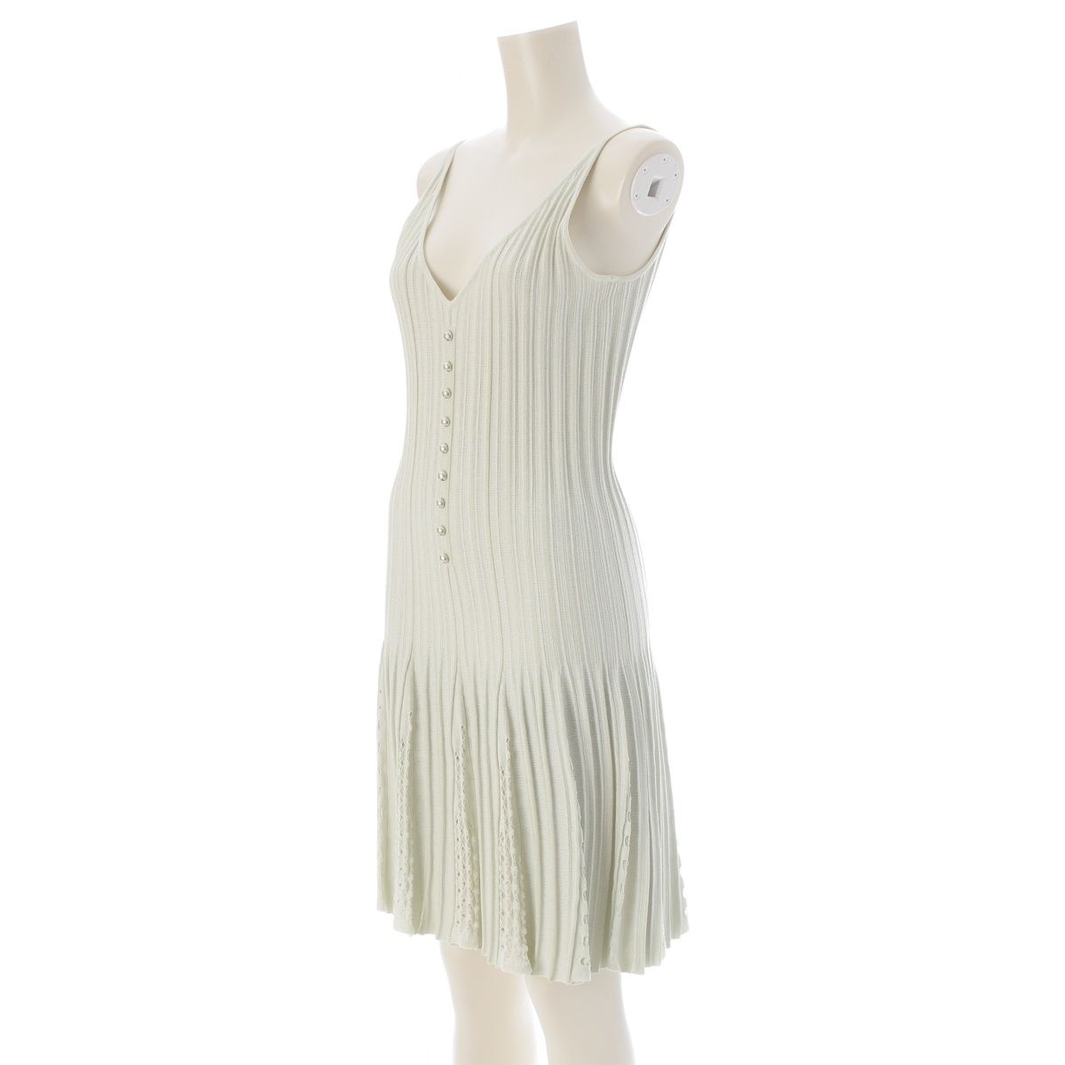 Chanel Cotton Knit CC Logo Pearl Sleeveless Dress Light Blue 36 — view 2