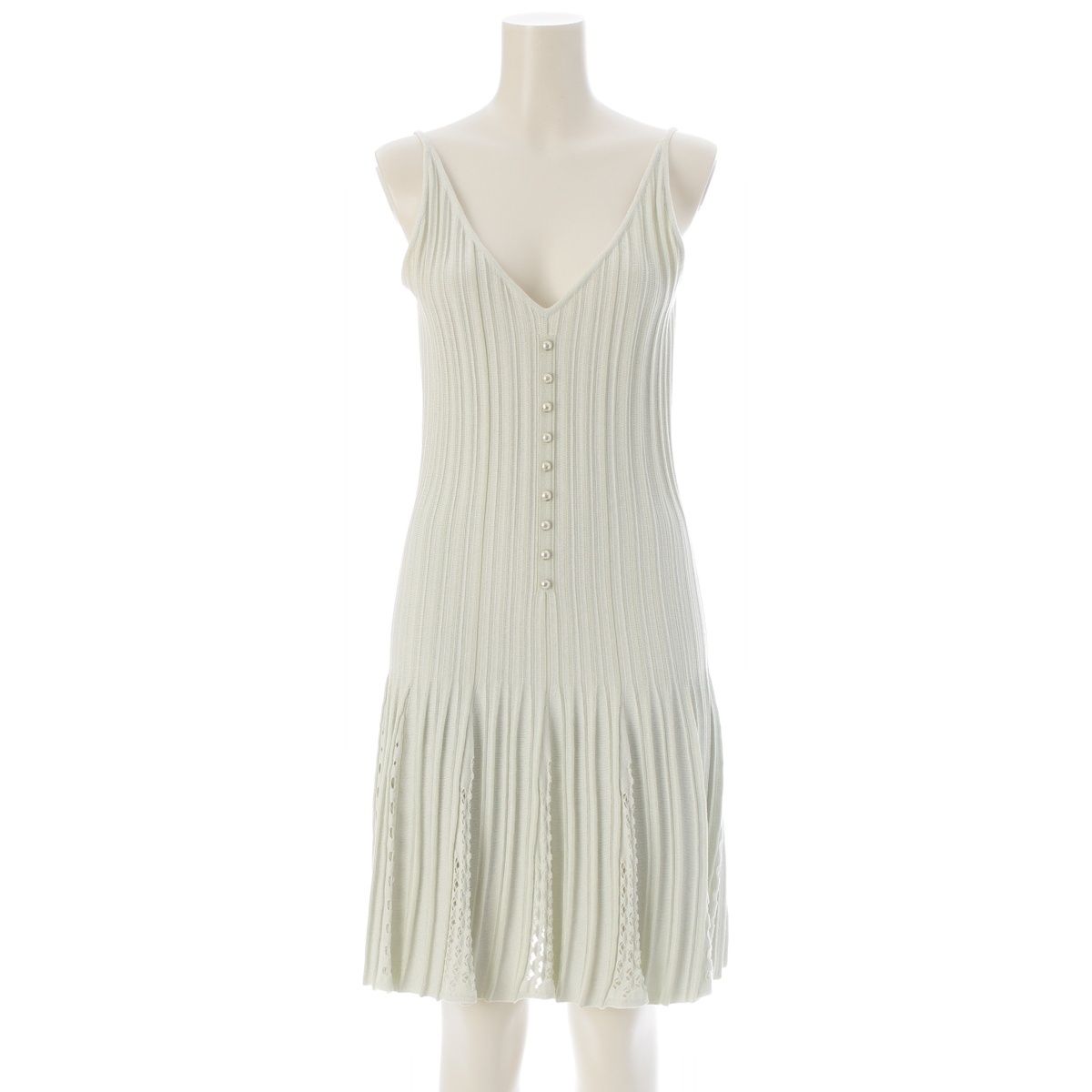Chanel Cotton Knit CC Logo Pearl Sleeveless Dress Light Blue 36