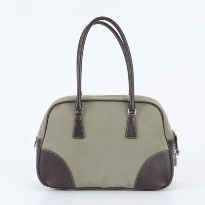 Prada Triangle Logo Leather Canvas Tote Bag Shoulder — view 3