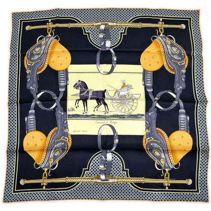 Hermes Carre 70 Carrick Pompe 02 Yellow Navy Scarf Silk