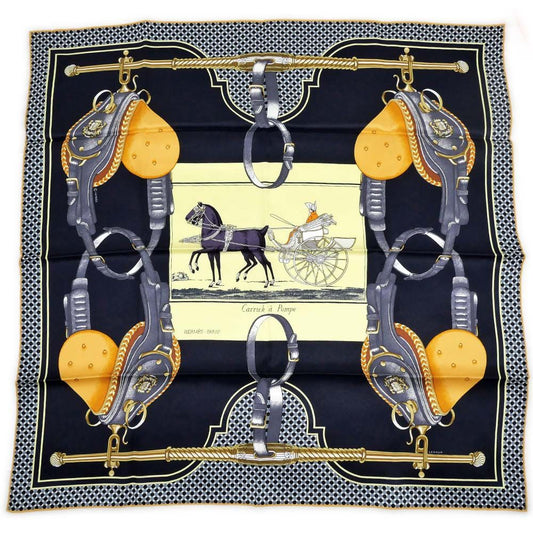 Hermes Carre 70 Carrick Pompe 02 Yellow Navy Scarf Silk