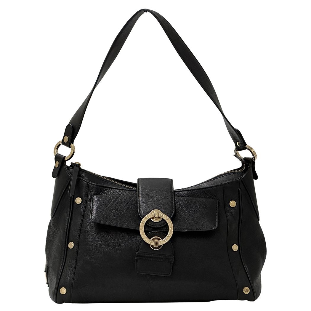 Bvlgari Chandra Shoulder Bag Leather Black Gold Chic Monotone