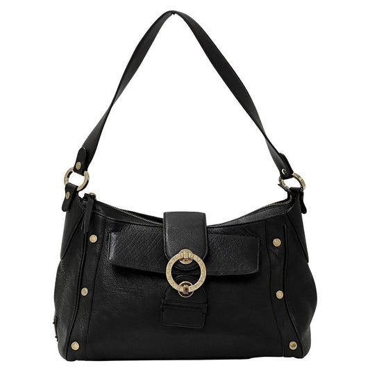 Bvlgari Chandra Shoulder Bag Leather Black Gold Chic Monotone