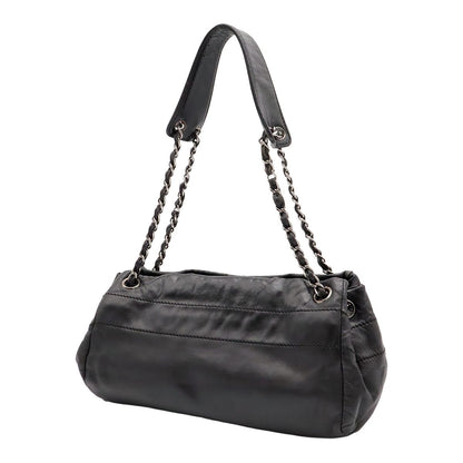 Chanel Logo Chain Shoulder Bag Leather Black Silver — view 2