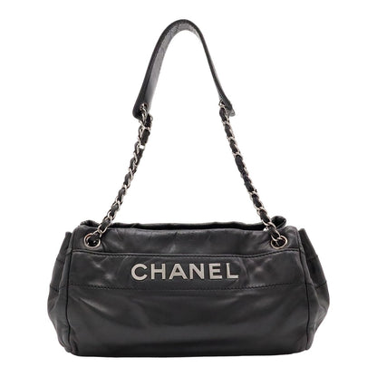 Chanel Logo Chain Shoulder Bag Leather Black Silver