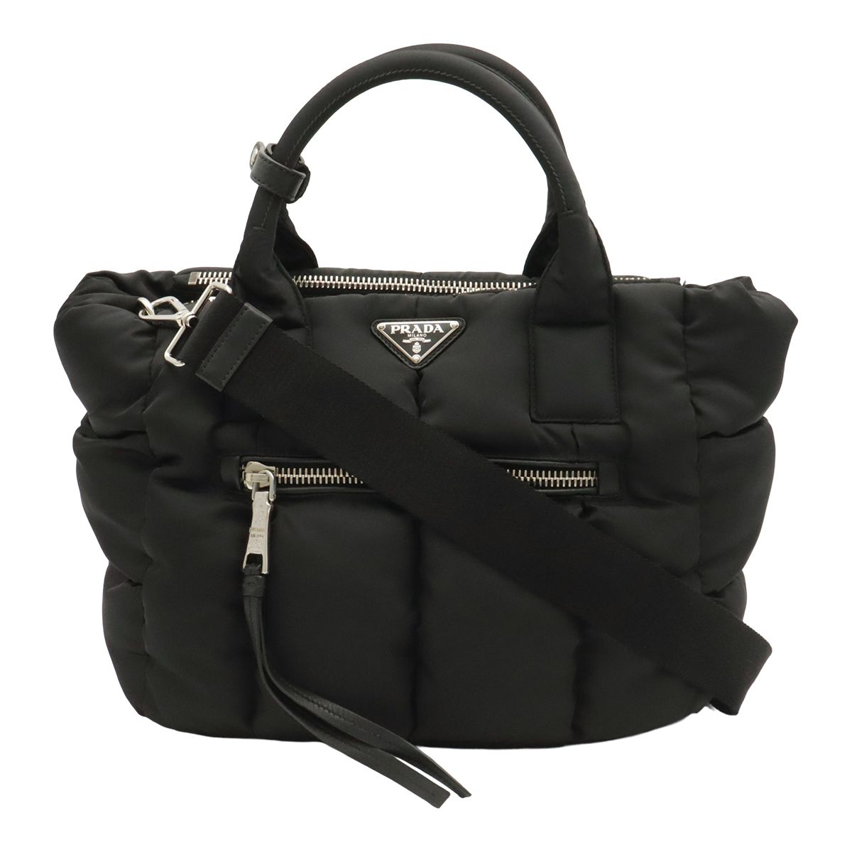 Prada Bomber Tote 2-Way Shoulder Bag Crossbody Nylon Leather Nero Black