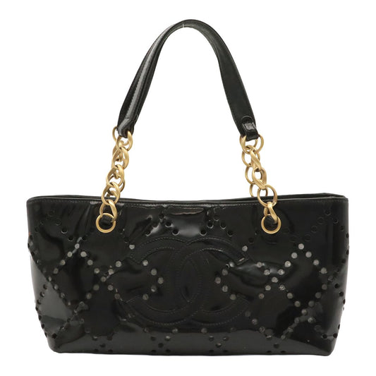 Chanel CC Logo Perforated Chain Tote Shoulder Bag Patent Leather Black Gold