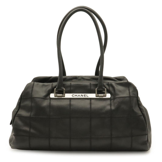 Chanel Choco Bar Boston Bag Shoulder Caviar Leather Black Silver