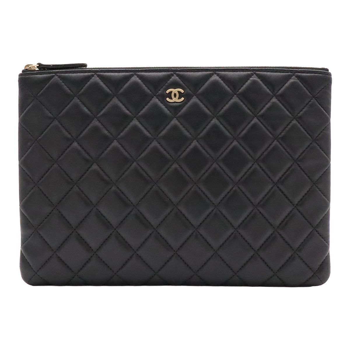 Chanel Quilted CC Logo Clutch Multi Pouch Leather Black Gold