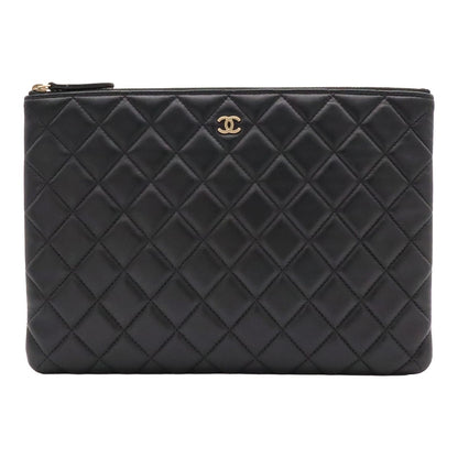Chanel Quilted CC Logo Clutch Multi Pouch Leather Black Gold