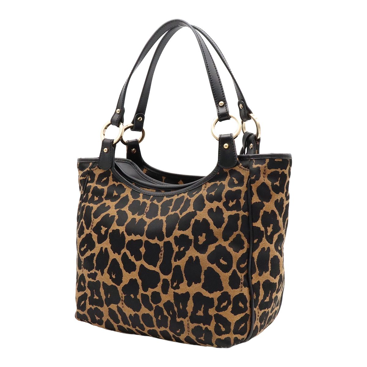 Fendi Tote Bag Shoulder Leopard Print Canvas Leather Brown Black — view 2