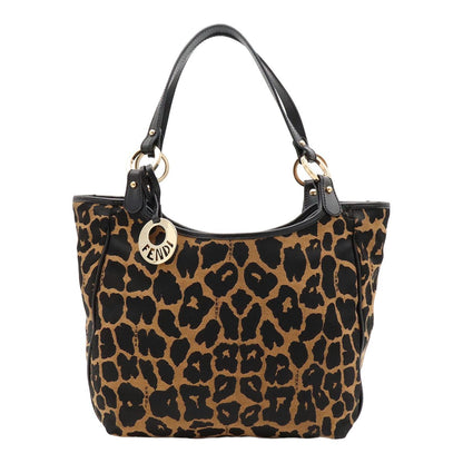 Fendi Tote Bag Shoulder Leopard Print Canvas Leather Brown Black