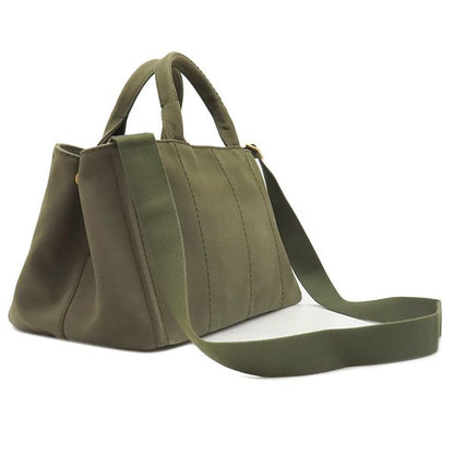 Prada 2-Way Canapa Medium Tote Bag Canvas Khaki Gold Triangular — view 2