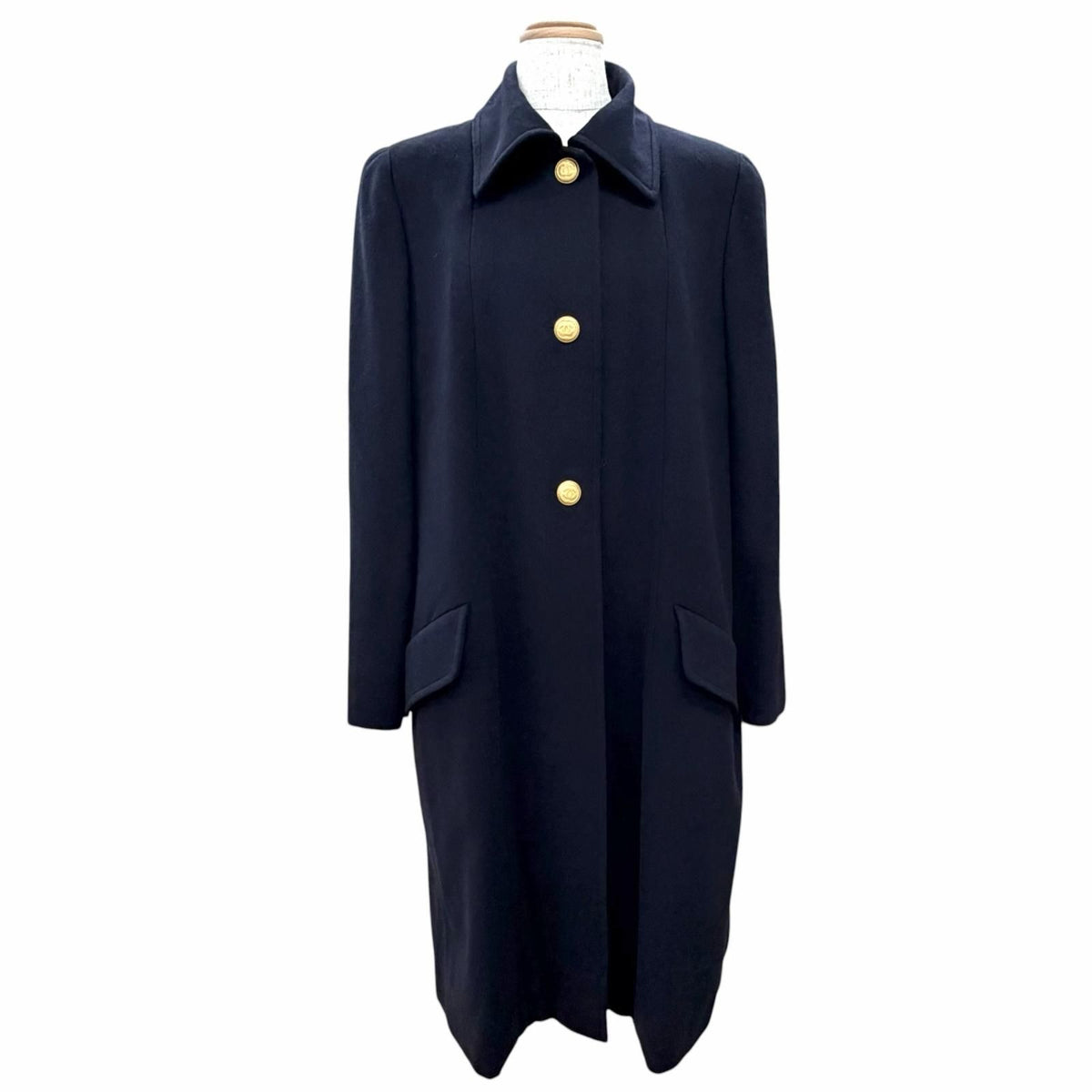 Chanel Vintage 96A Cashmere 100% Lining Silk Coco Gold Button Long Coat Dark