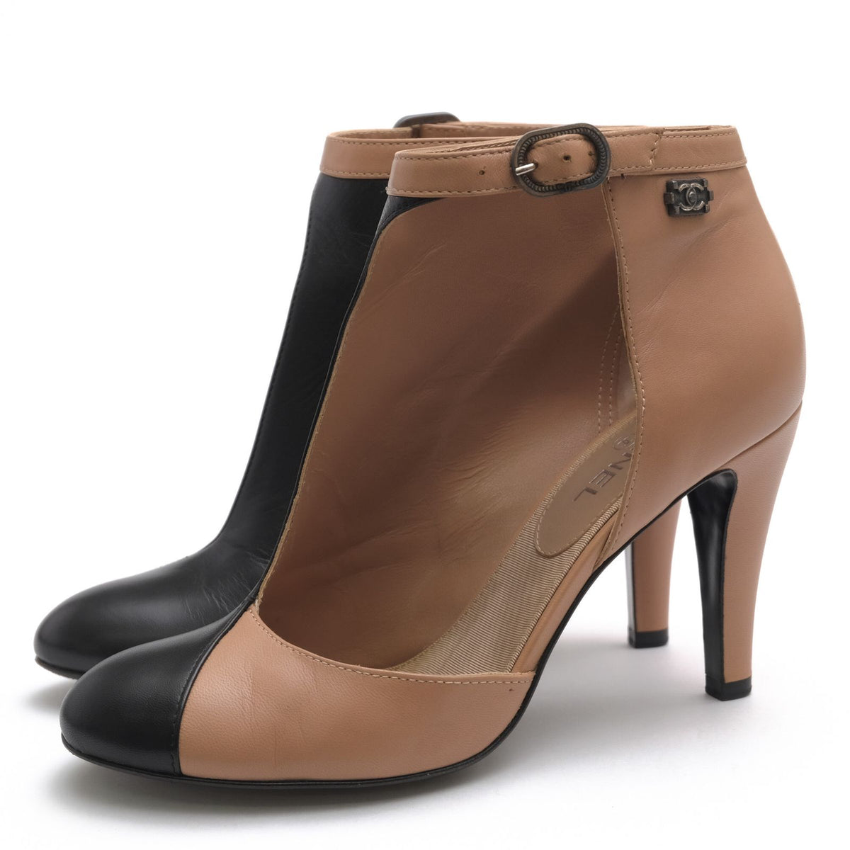 Chanel Booties Short Boots Shoes Leather Beige Ankle Strap Bicolor High Heels
