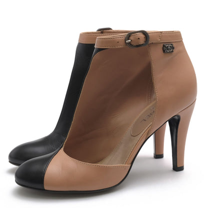 Chanel Booties Short Boots Shoes Leather Beige Ankle Strap Bicolor High Heels