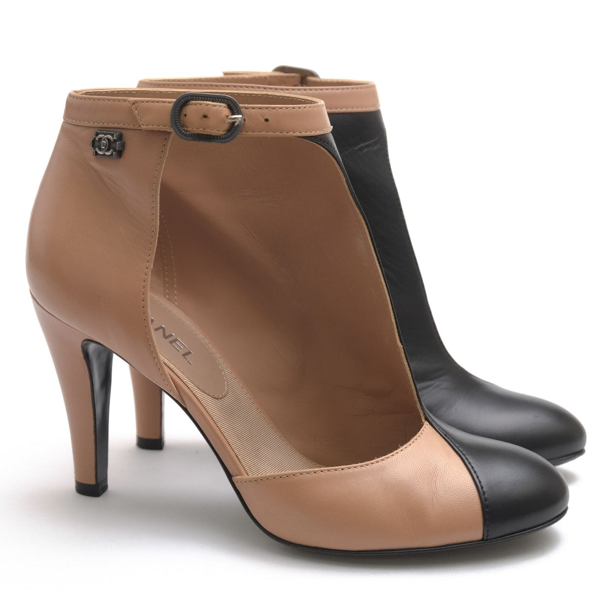 Chanel Booties Short Boots Shoes Leather Beige Ankle Strap Bicolor High Heels — view 2
