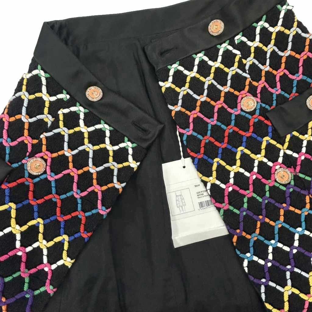 Chanel Tweed Skirt CC Logo Coco Buttons Gold Black Pink Gray Blue Multicolor 34 — view 8