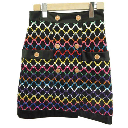 Chanel Tweed Skirt CC Logo Coco Buttons Gold Black Pink Gray Blue Multicolor 34
