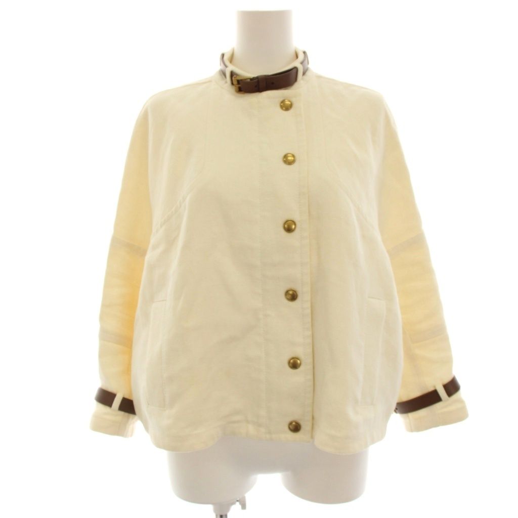 Gucci Stand Collar Jacket Hemp Linen Belt Design Ivory 36