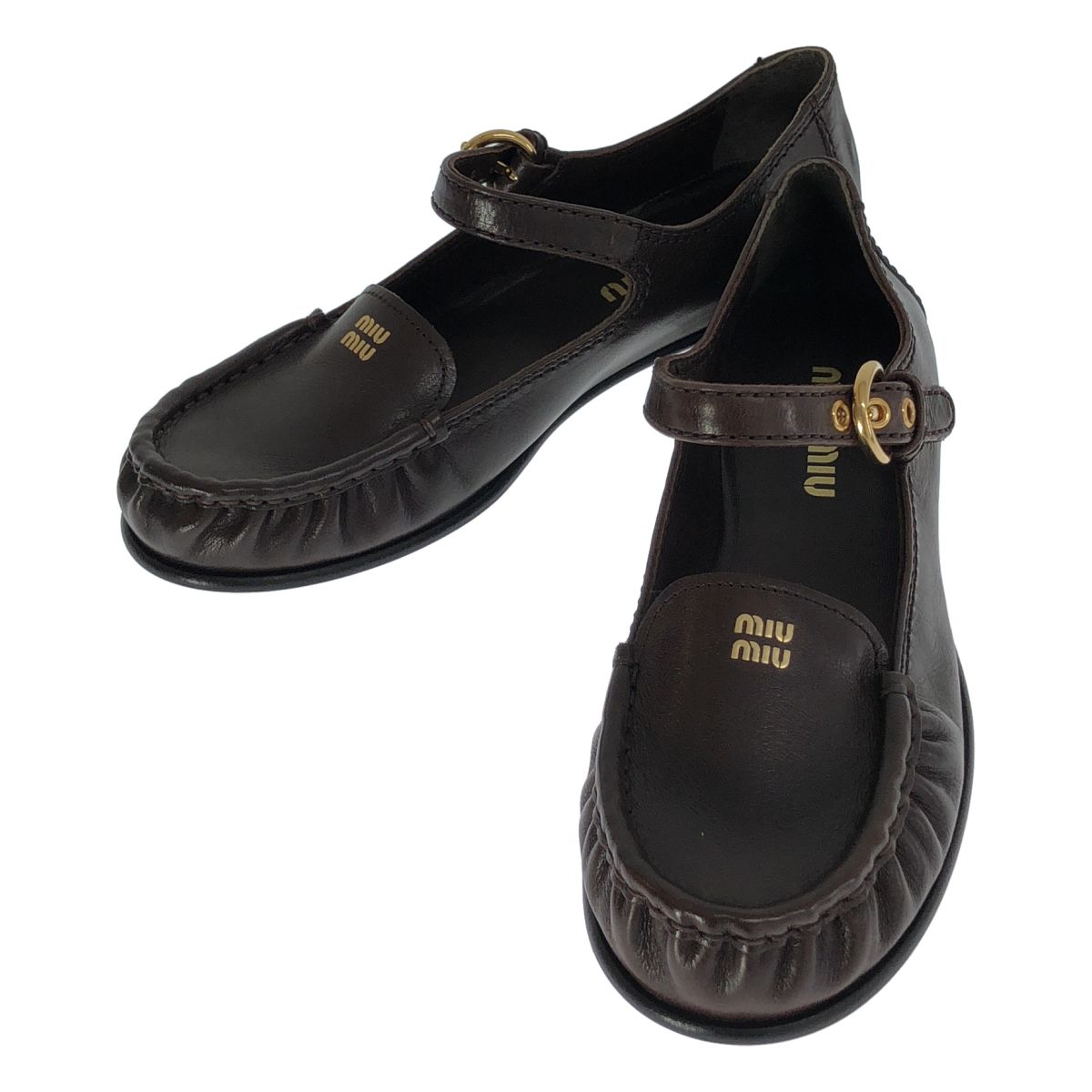 Miu Miu Leather Strap Loafers Brown