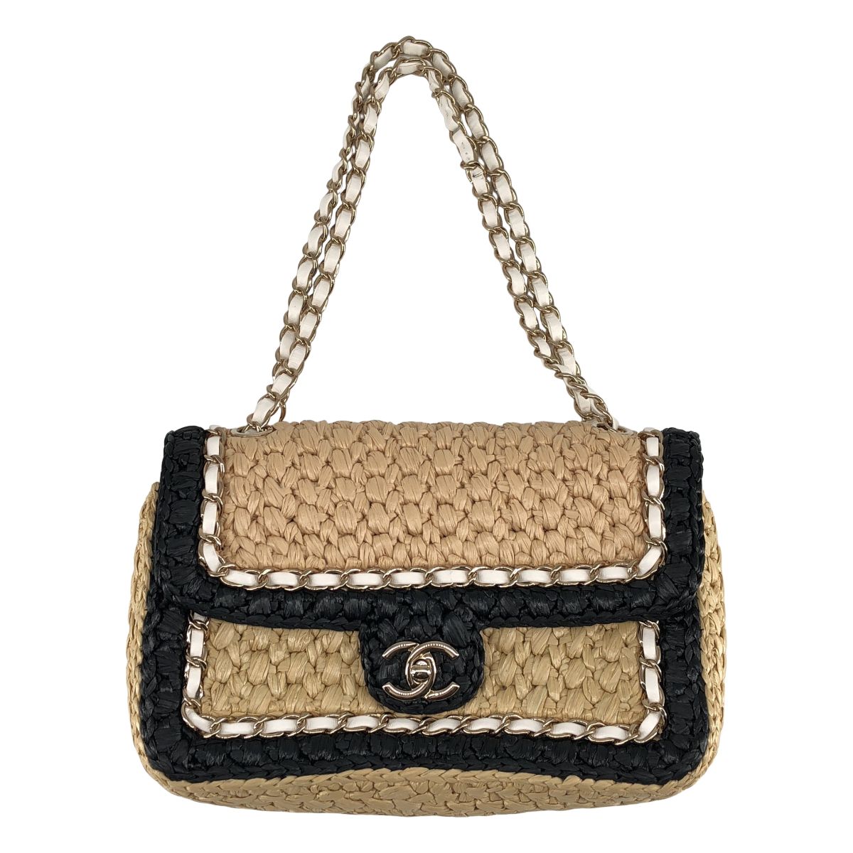 Chanel Raffia Single Handbag Beige Black