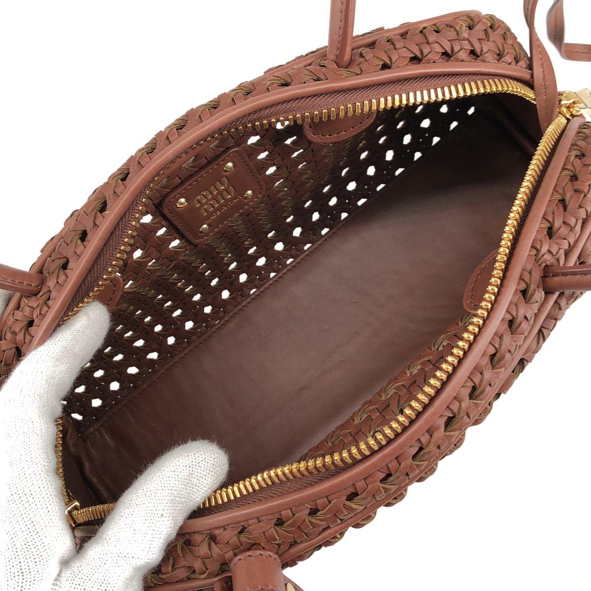 Miu Miu Bow Weave Leather Handbag Brown — view 3