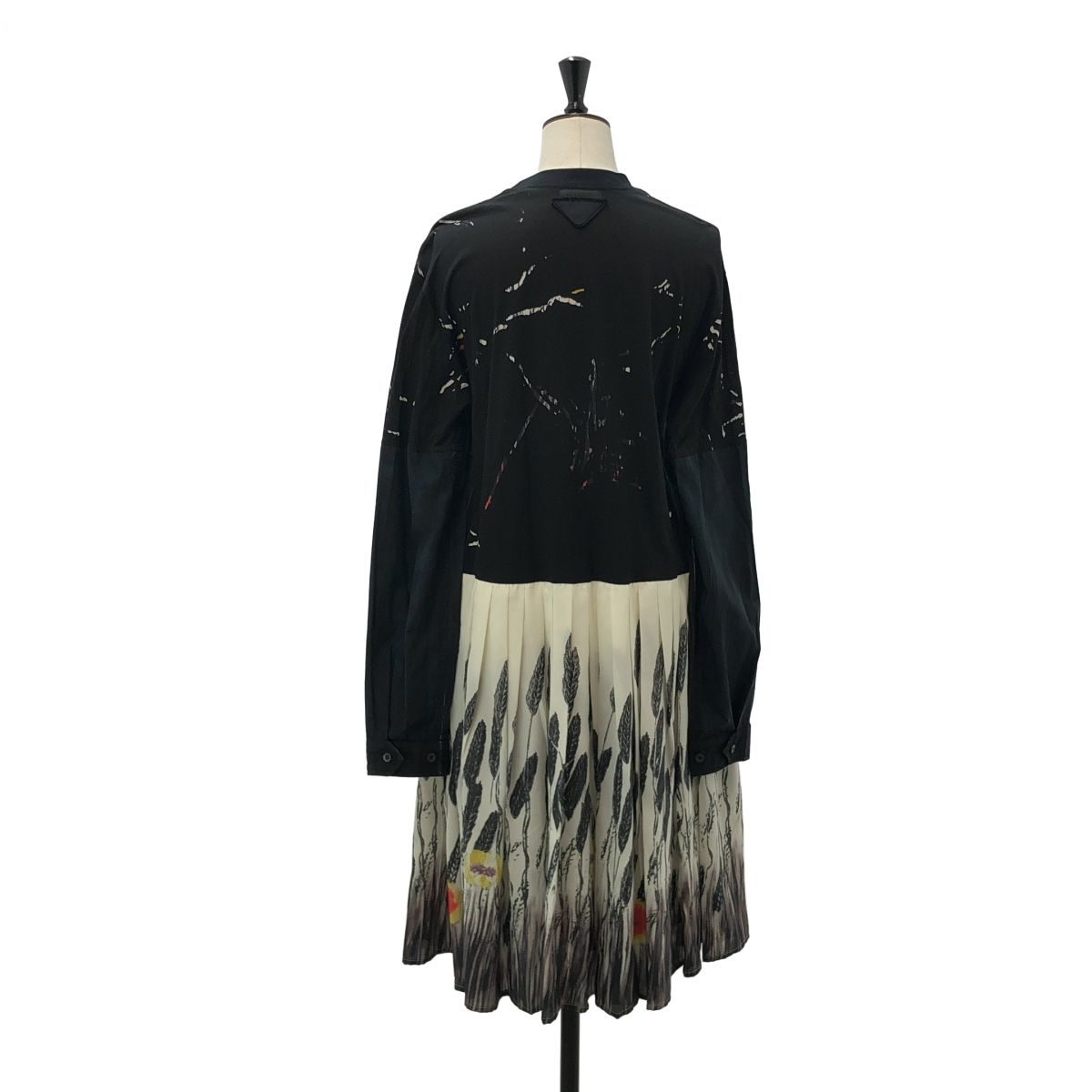 Prada Triangle Logo Patch Leaf Print Contrast Dress Black XS — view 4