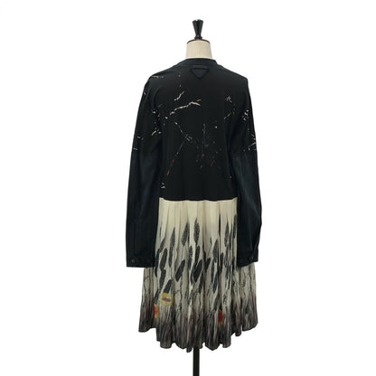 Prada Triangle Logo Patch Leaf Print Contrast Dress Black XS — view 4