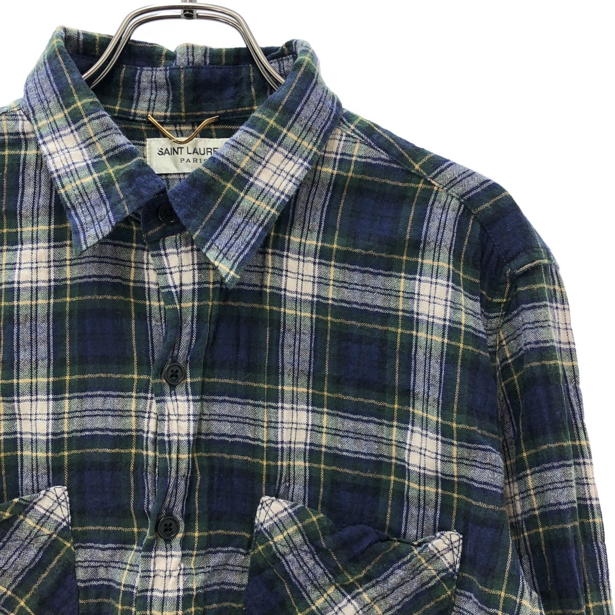 Saint Laurent Paris Hedi Slimane Era Cotton Checked Shirt Green Navy M — view 2