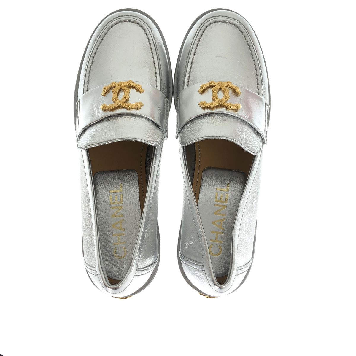 Chanel CC Logo Camellia Loafers Silver — view 4