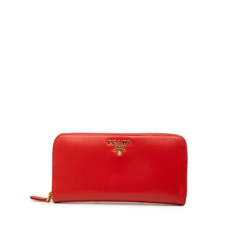 Prada Zip Around Wallet Red Gold Vitello Move Leather