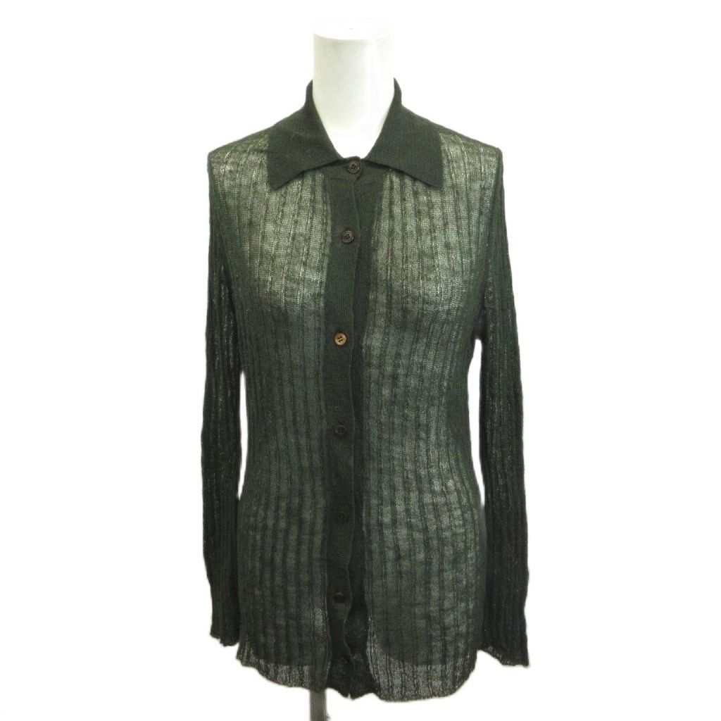 Gucci Knit Cardigan Sheer Polo Color Ribbed Green Khaki Collar Long Sleeve YU M