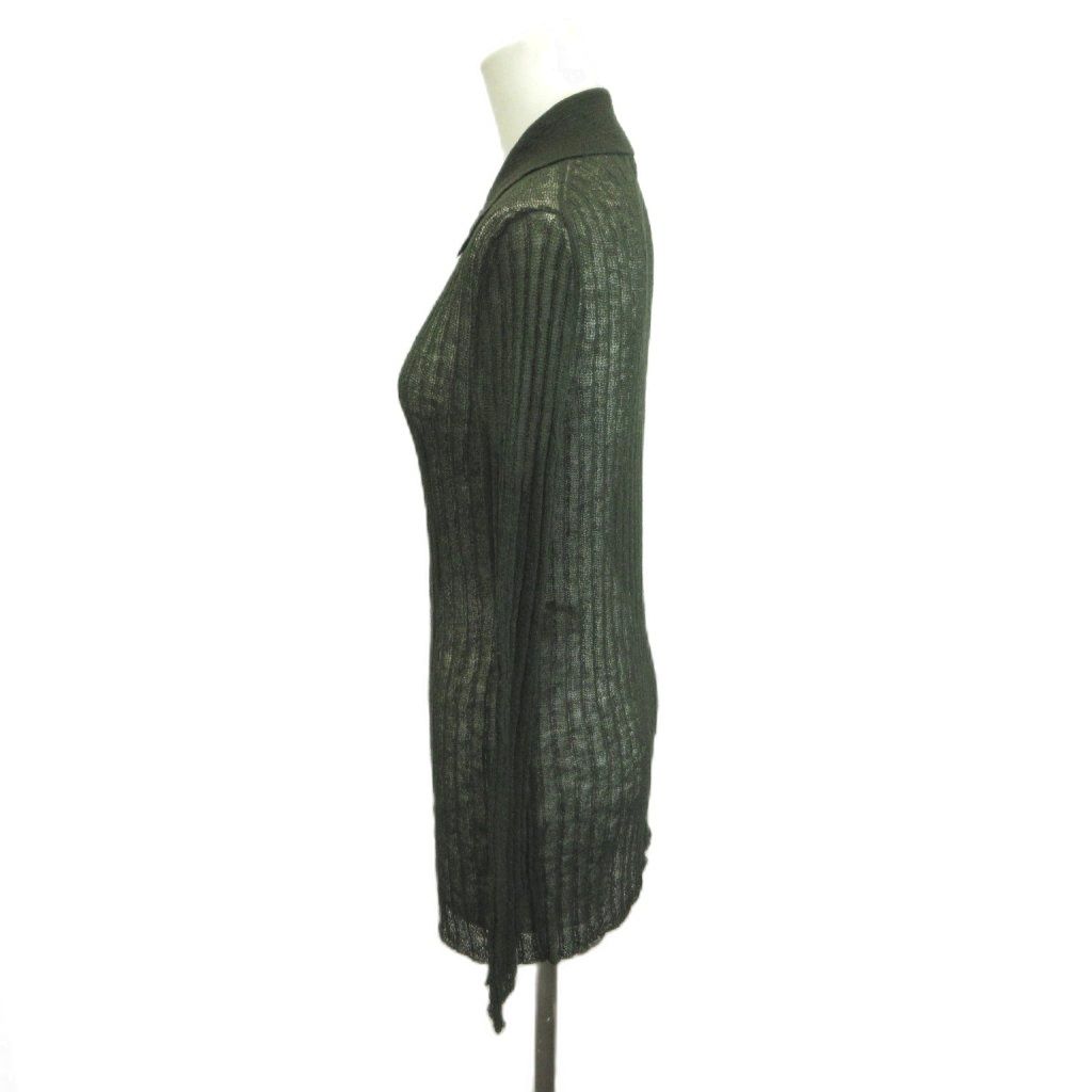 Gucci Knit Cardigan Sheer Polo Color Ribbed Green Khaki Collar Long Sleeve YU M — view 3