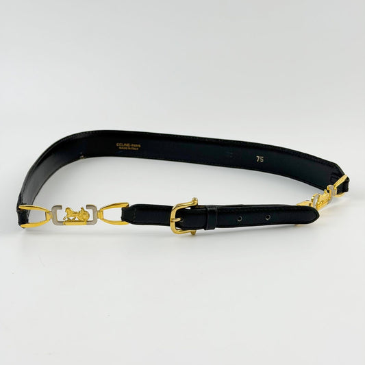 Celine Horse Carriage Chain Narrow Belt Leather Black Gold Vintage