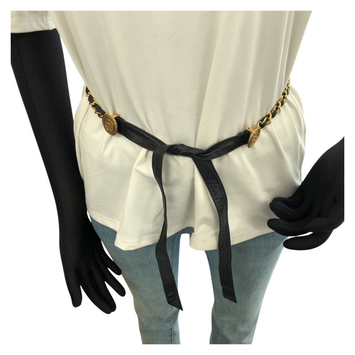 Chanel Vintage Ribbon & Chain Belt CC Logo Black Gold Leather Plated — view 5