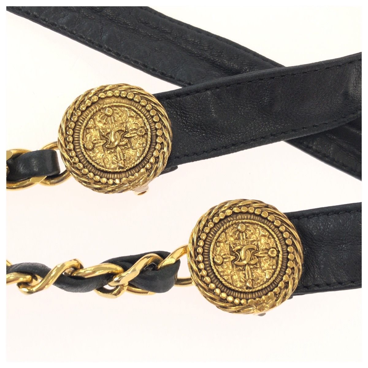 Chanel Vintage Ribbon & Chain Belt CC Logo Black Gold Leather Plated — view 2