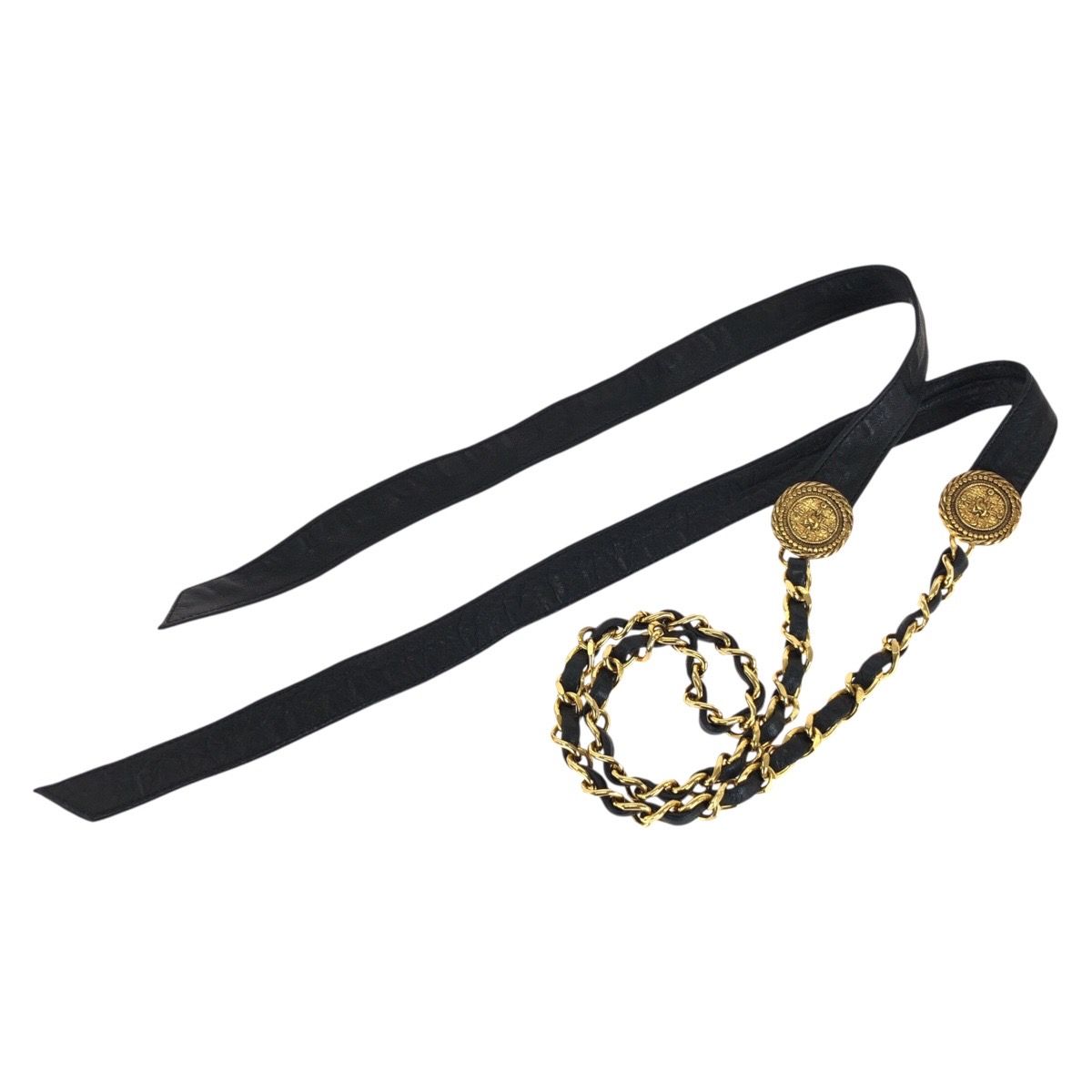 Chanel Vintage Ribbon & Chain Belt CC Logo Black Gold Leather Plated