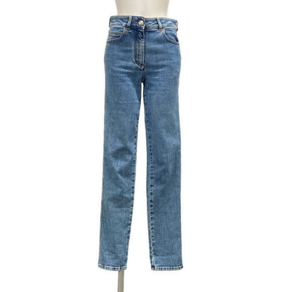 Chanel Jeans S Light Blue Lambskin Fur CC Logo Rhinestone Cotton 34