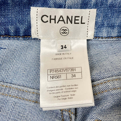 Chanel Jeans S Light Blue Lambskin Fur CC Logo Rhinestone Cotton 34 — view 3
