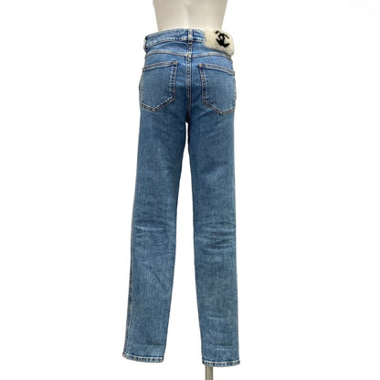 Chanel Jeans S Light Blue Lambskin Fur CC Logo Rhinestone Cotton 34 — view 2