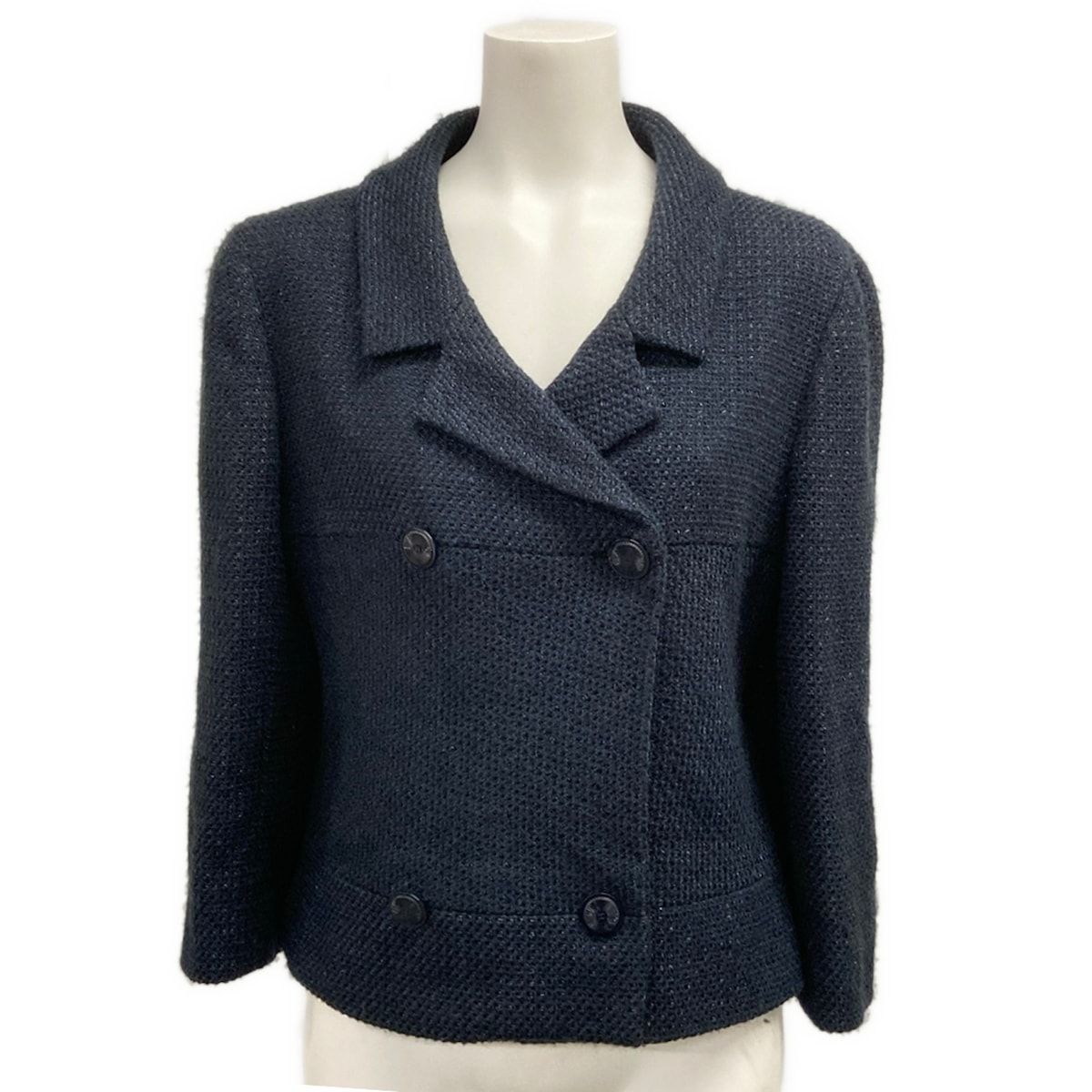 Chanel Jacket S Dark Navy Tweed Glitter Double Cotton 36
